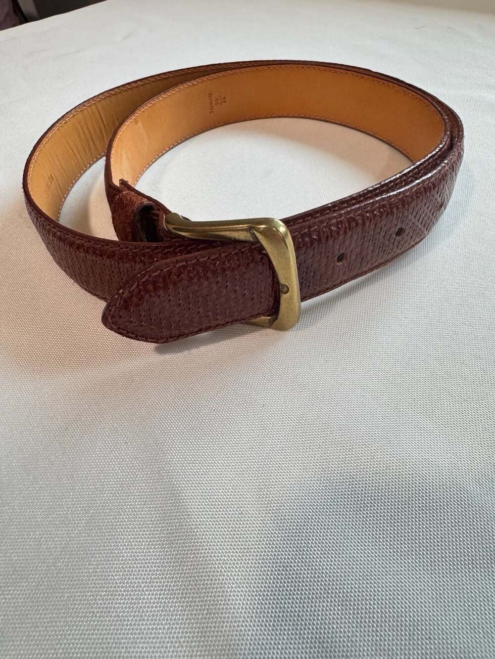 Vintage Fossil Pebbled Leather Brass Buckle Belt Classic Minimalist Unisex 36